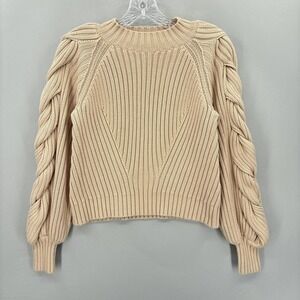 Finders Sweater Womens Medium Beige 100% Cotton Chunky Knit Balloon Sleeve